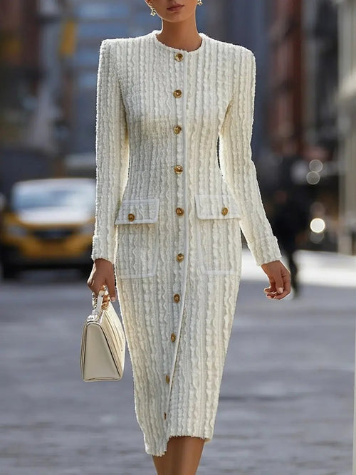 Ivory Textured Knit With Gold Buttons - Midi Dress CAAYWORLD