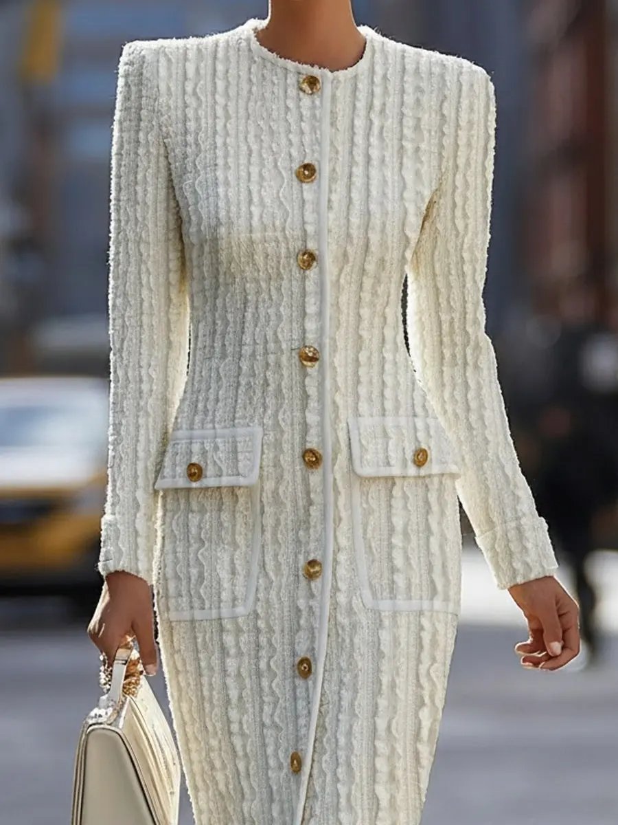 Ivory Textured Knit With Gold Buttons - Midi Dress CAAYWORLD