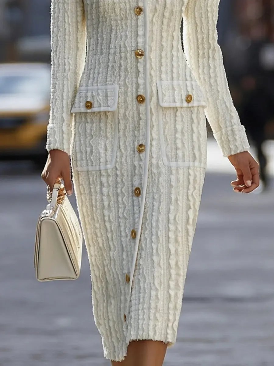 Ivory Textured Knit With Gold Buttons - Midi Dress CAAYWORLD