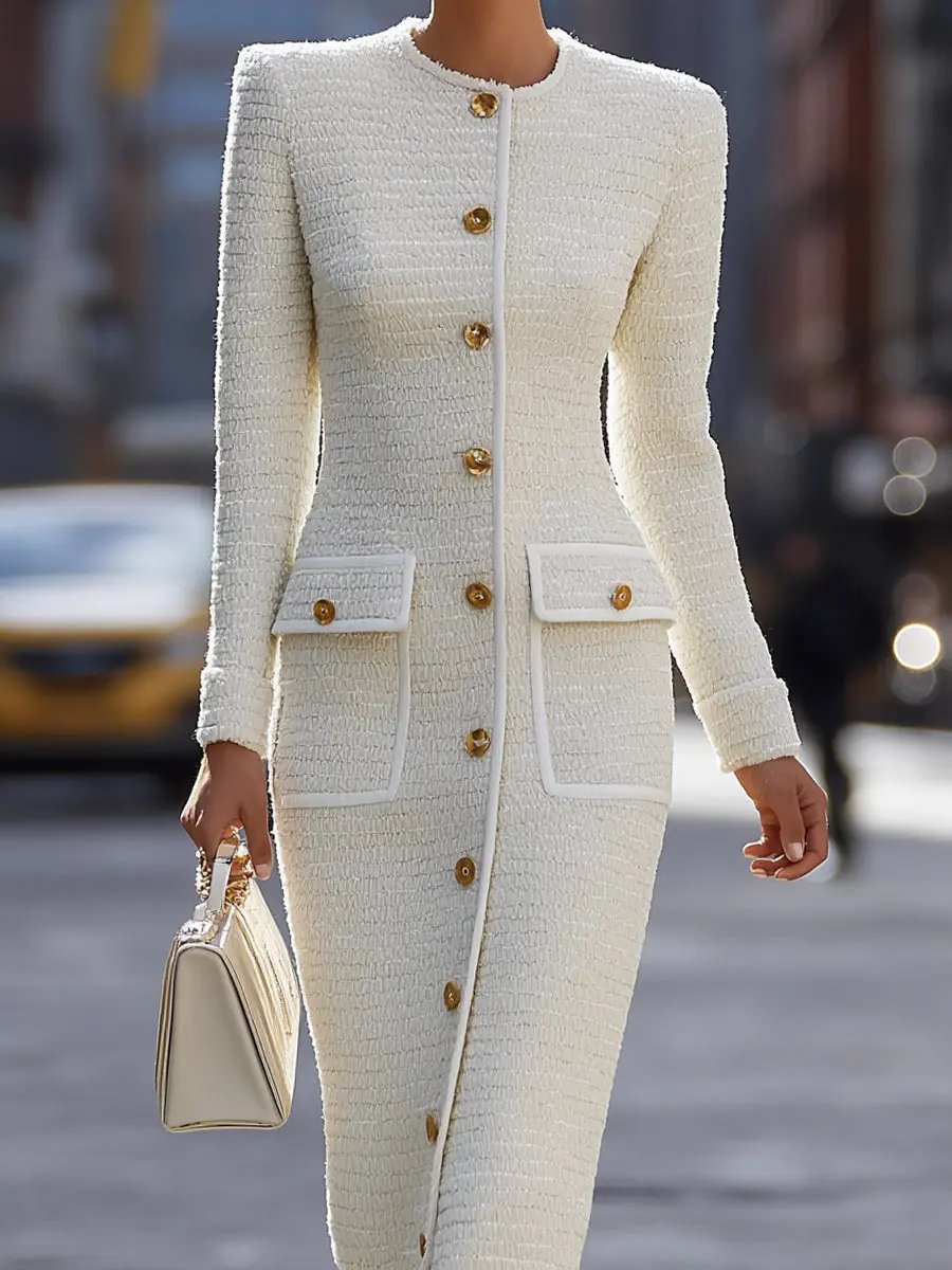 Ivory Tweed Button-Down With Patch Pockets - Midi Dress CAAYWORLD