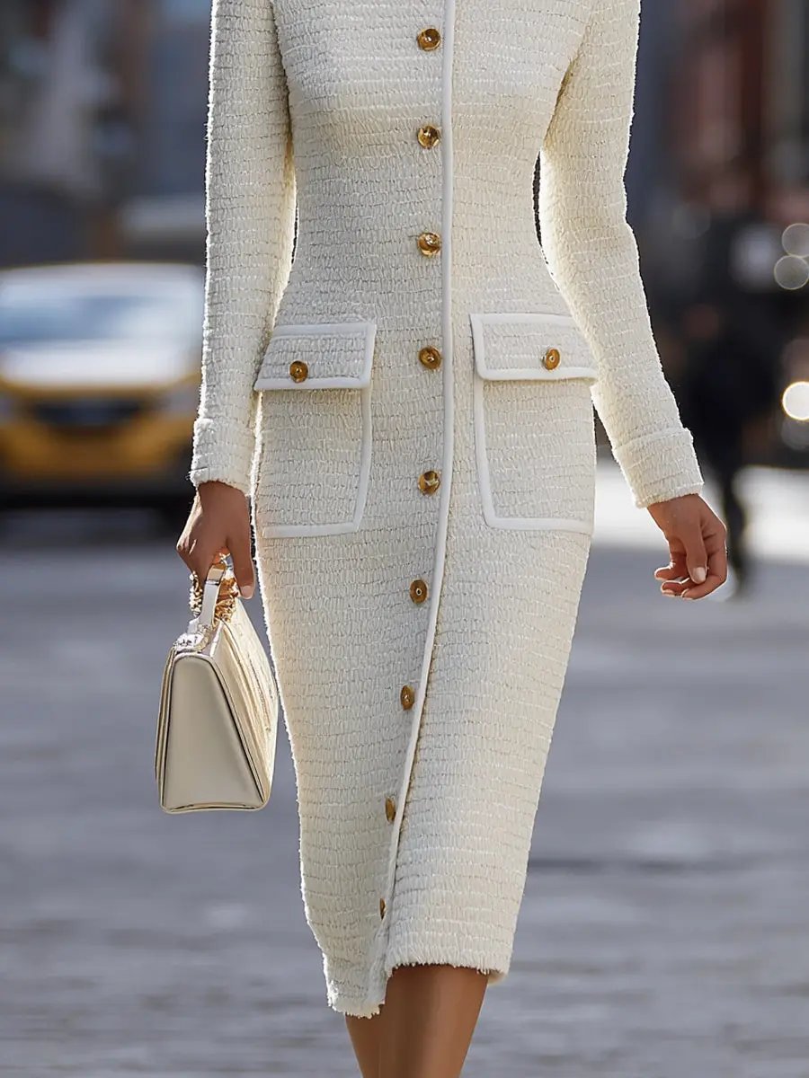 Ivory Tweed Button-Down With Patch Pockets - Midi Dress CAAYWORLD