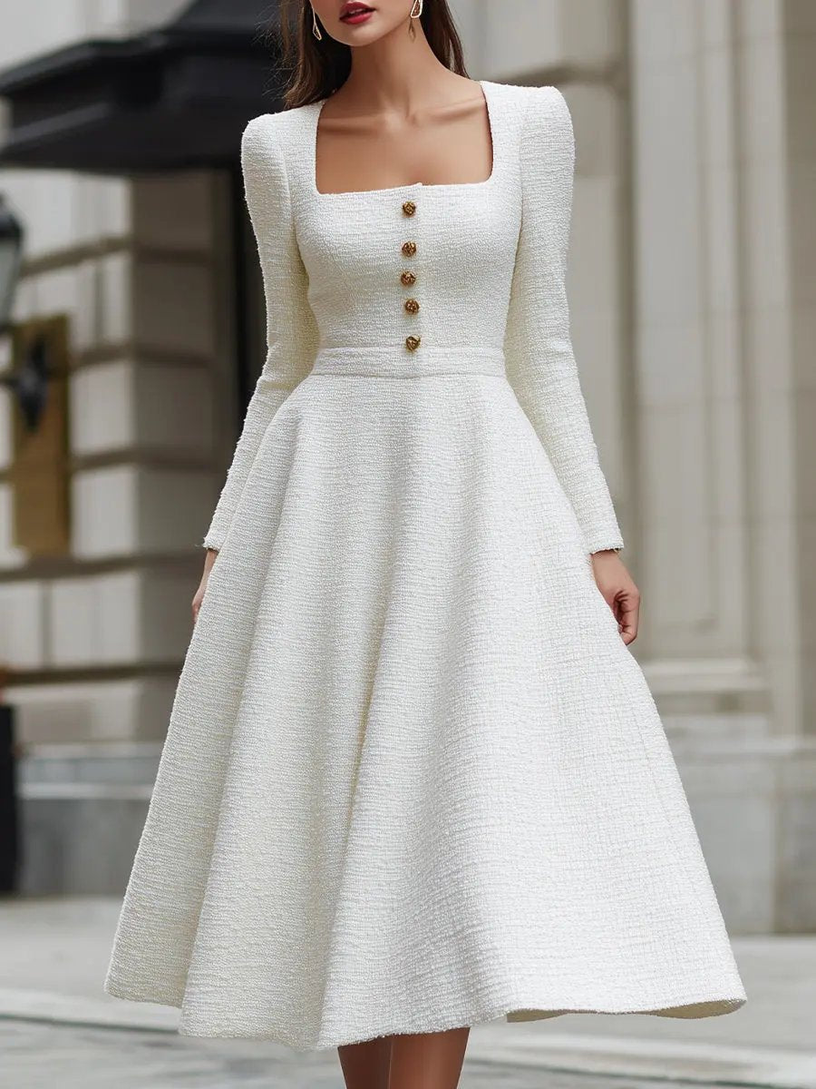 Ivory Tweed Square Neck Tailored Sleeveless - Midi Dress CAAYWORLD