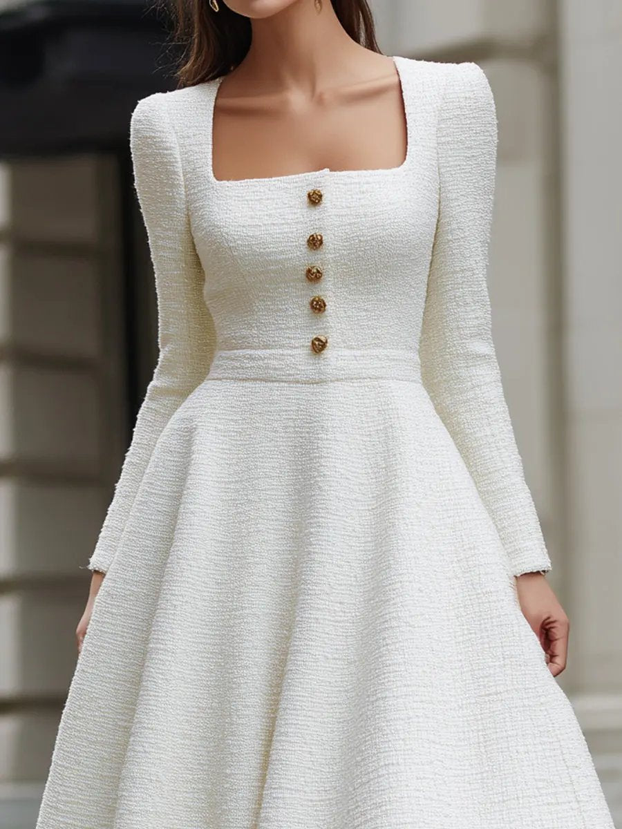 Ivory Tweed Square Neck Tailored Sleeveless - Midi Dress CAAYWORLD