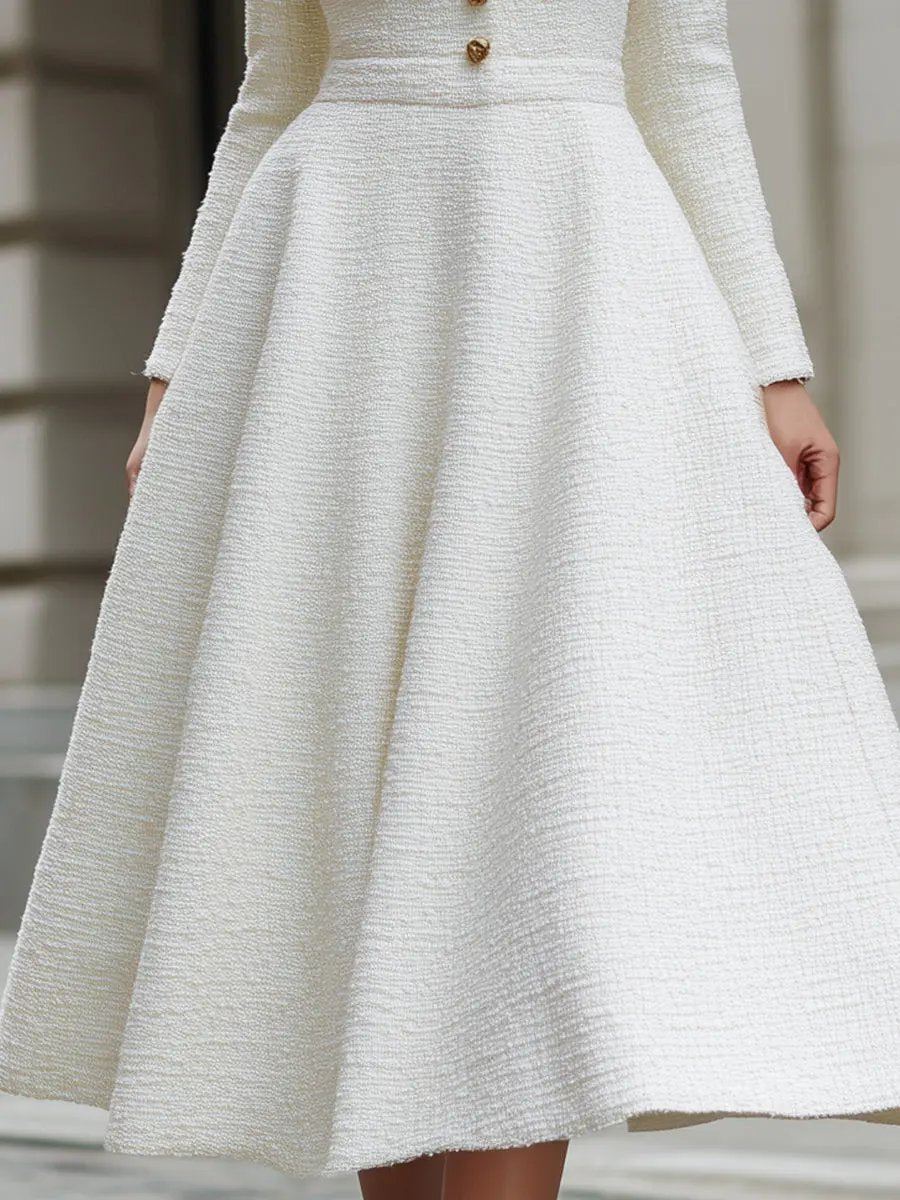 Ivory Tweed Square Neck Tailored Sleeveless - Midi Dress CAAYWORLD