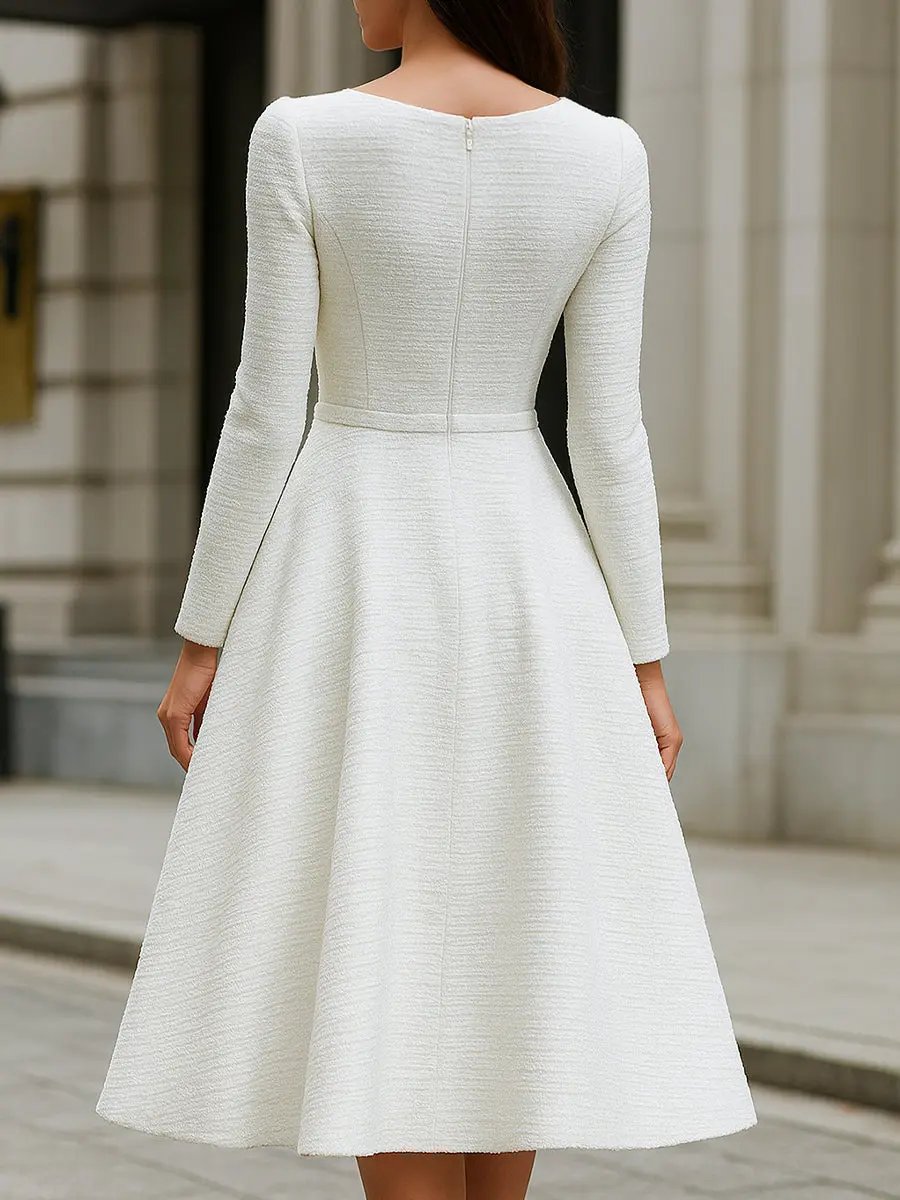 Ivory Tweed Square Neck Tailored Sleeveless - Midi Dress CAAYWORLD