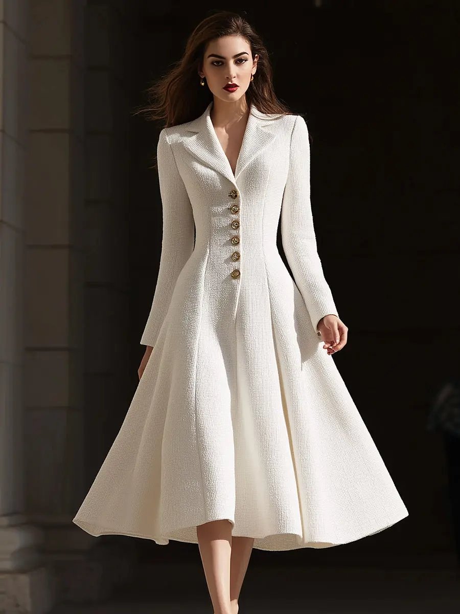 Ivory Tweed Tailored Lapel Sheath - Midi Dress CAAYWORLD