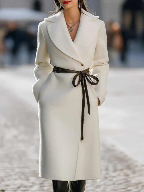 Ivory Wool-Blend Contrast Tie-Belt Longline - Coat CAAYWORLD
