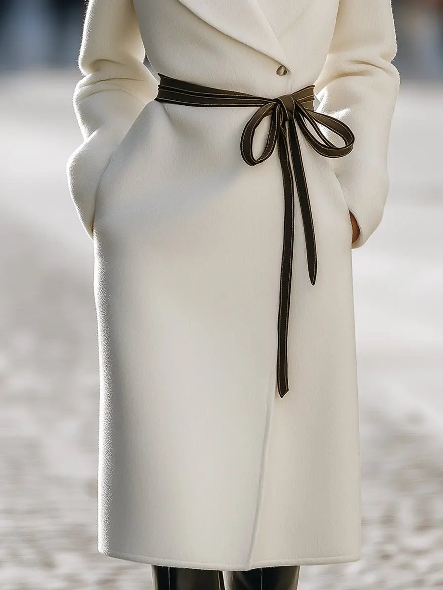 Ivory Wool-Blend Contrast Tie-Belt Longline - Coat CAAYWORLD
