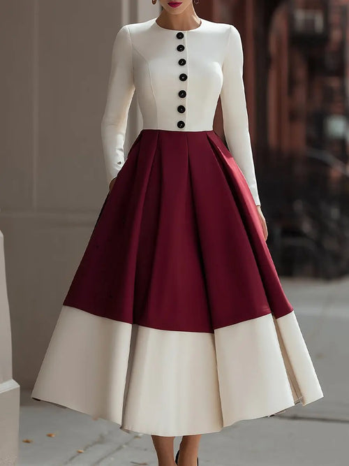Ivory & Burgundy Colorblock Button-Front - Midi Dress CAAYWORLD