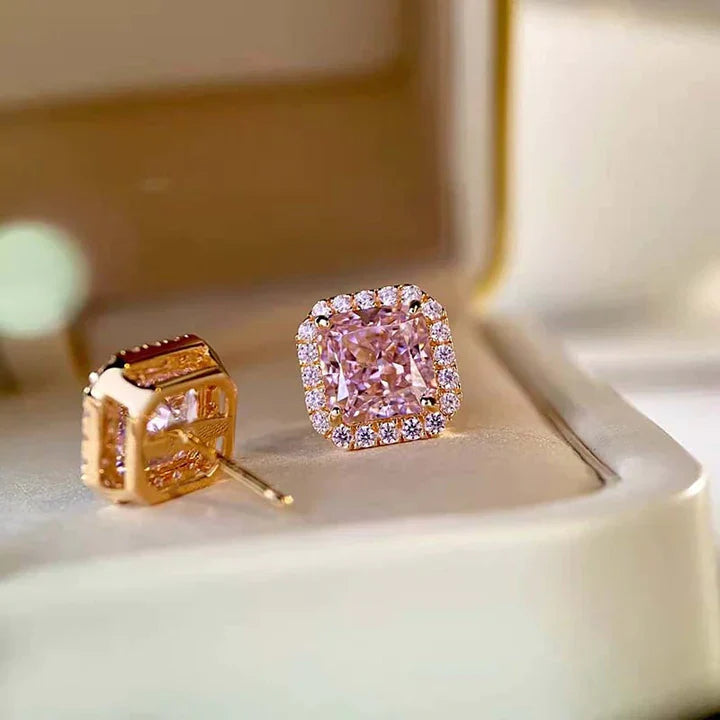 Pink Radiant Cut Rose Golden Plated Stud Earrings Shineofdiamond