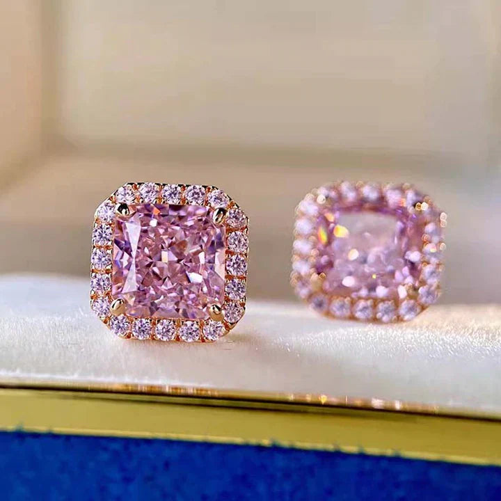 Pink Radiant Cut Rose Golden Plated Stud Earrings Shineofdiamond