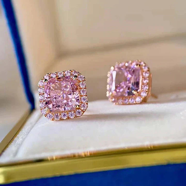 Pink Radiant Cut Rose Golden Plated Stud Earrings Shineofdiamond