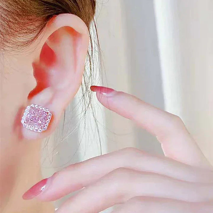 Pink Radiant Cut Rose Golden Plated Stud Earrings Shineofdiamond