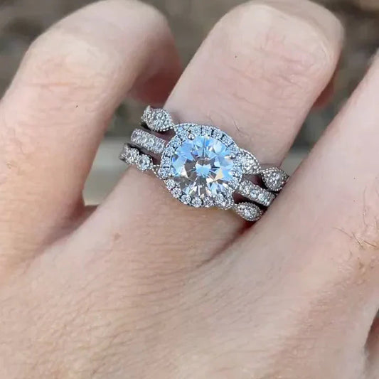 Exquisite 3-Piece Halo Round Cut Sterling Silver Bridal Sets- ONLY Size 7.0 Avaliable Juluro