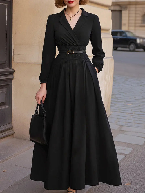 Long-Sleeve A-Line Belted Waist Flowy Maxi - Maxi Dress CAAYWORLD