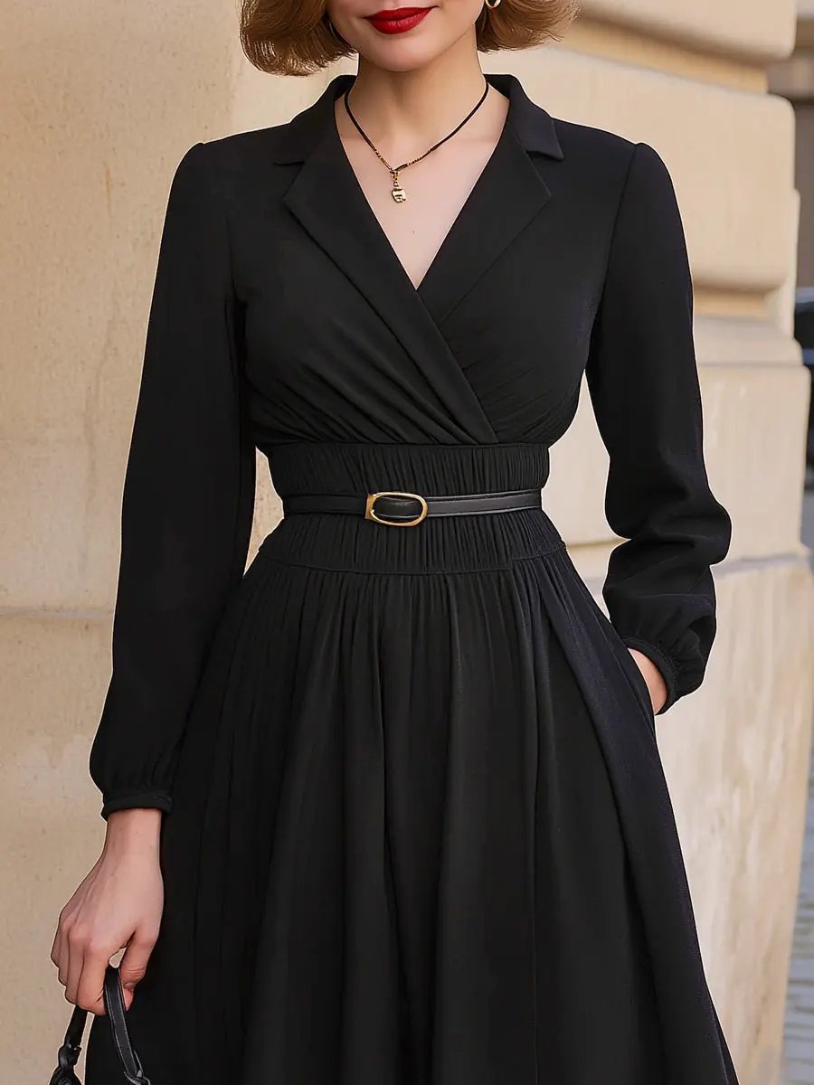 Long-Sleeve A-Line Belted Waist Flowy Maxi - Maxi Dress CAAYWORLD