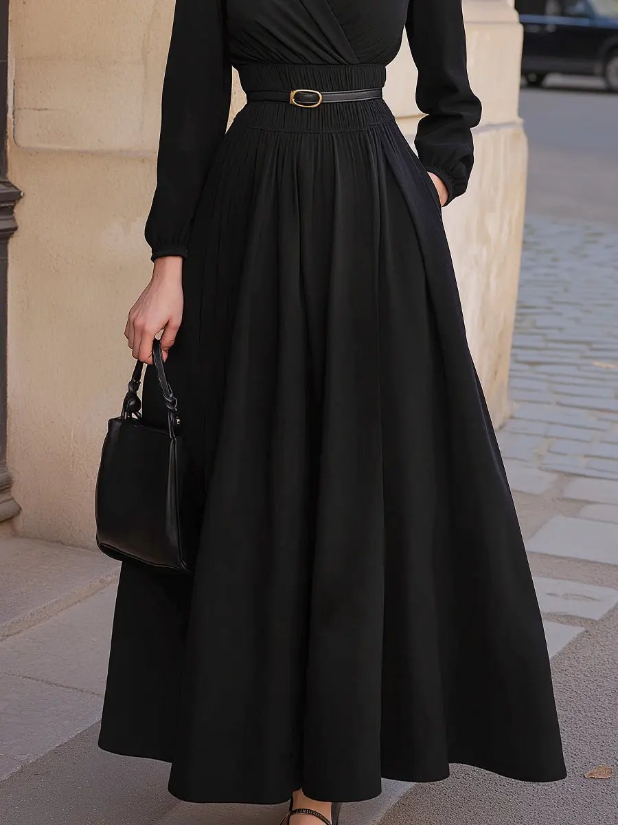 Long-Sleeve A-Line Belted Waist Flowy Maxi - Maxi Dress CAAYWORLD