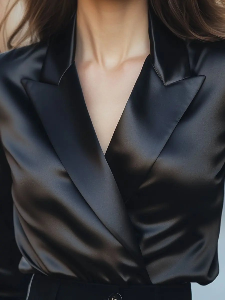 Lustrous Black Satin Tailored Lapel - Blouse CAAYWORLD