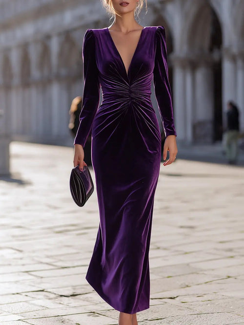 Luxe Purple Velvet Draped Evening Style - Maxi Dress CAAYWORLD