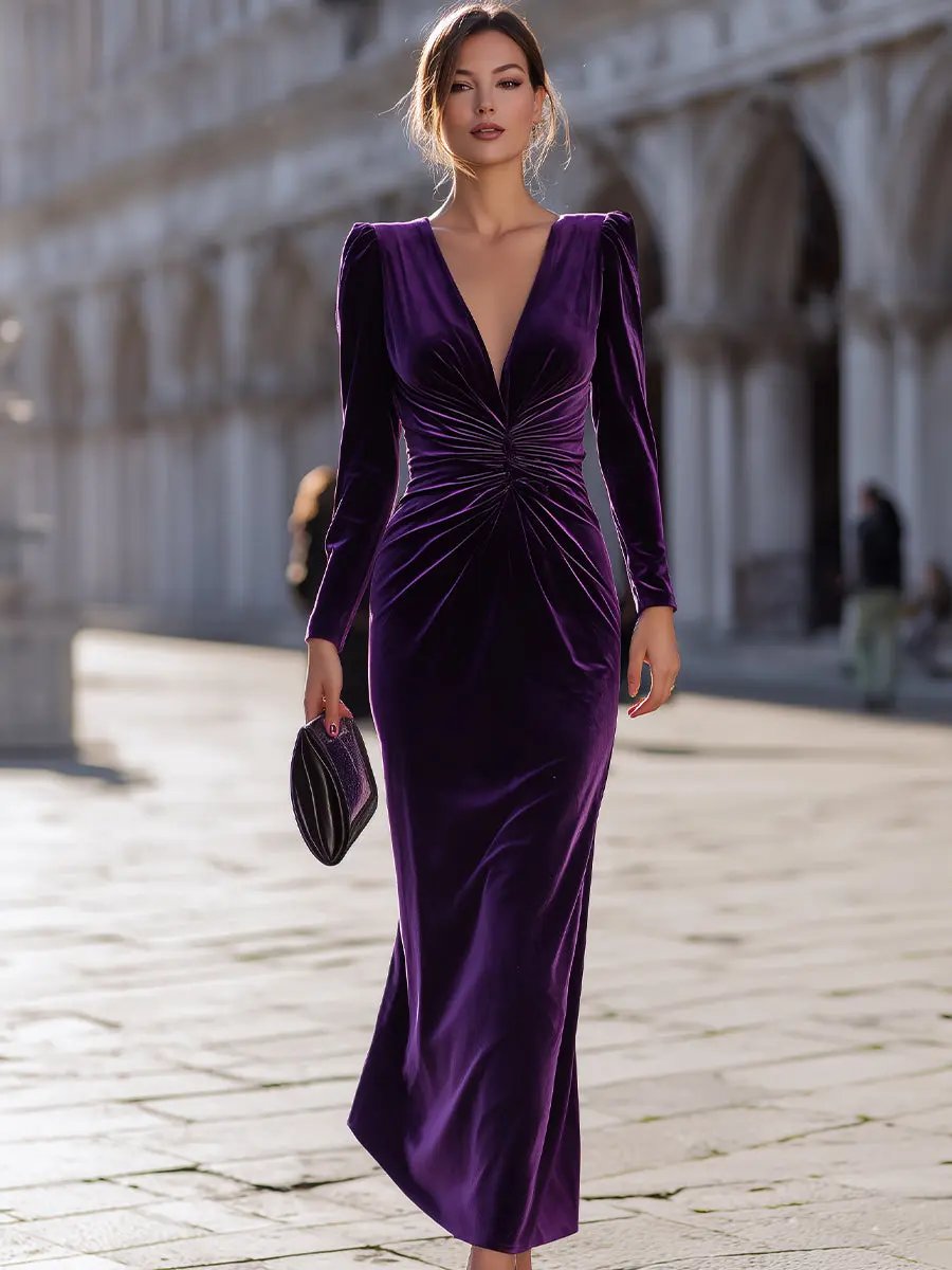 Luxe Purple Velvet Draped Evening Style - Maxi Dress CAAYWORLD