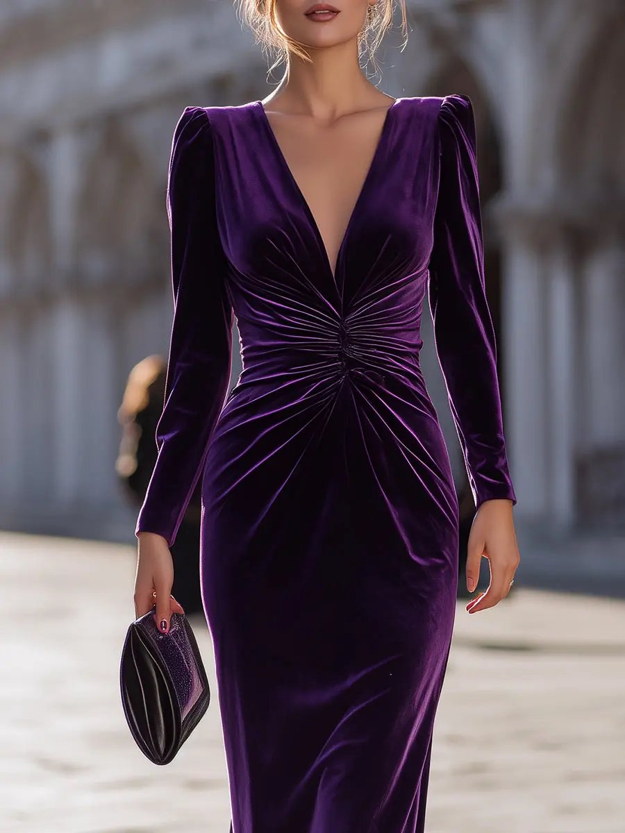Luxe Purple Velvet Draped Evening Style - Maxi Dress CAAYWORLD