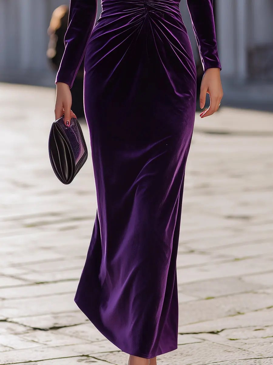 Luxe Purple Velvet Draped Evening Style - Maxi Dress CAAYWORLD