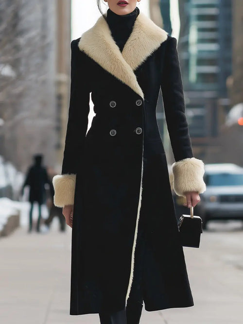 Luxurious Black Coat With Cream Faux Fur Trim - Winter Coat CAAYWORLD