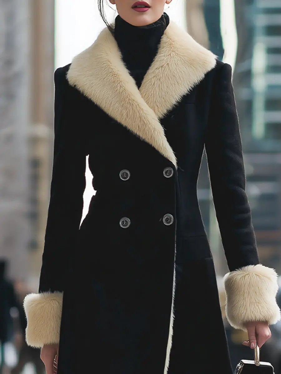 Luxurious Black Coat With Cream Faux Fur Trim - Winter Coat CAAYWORLD