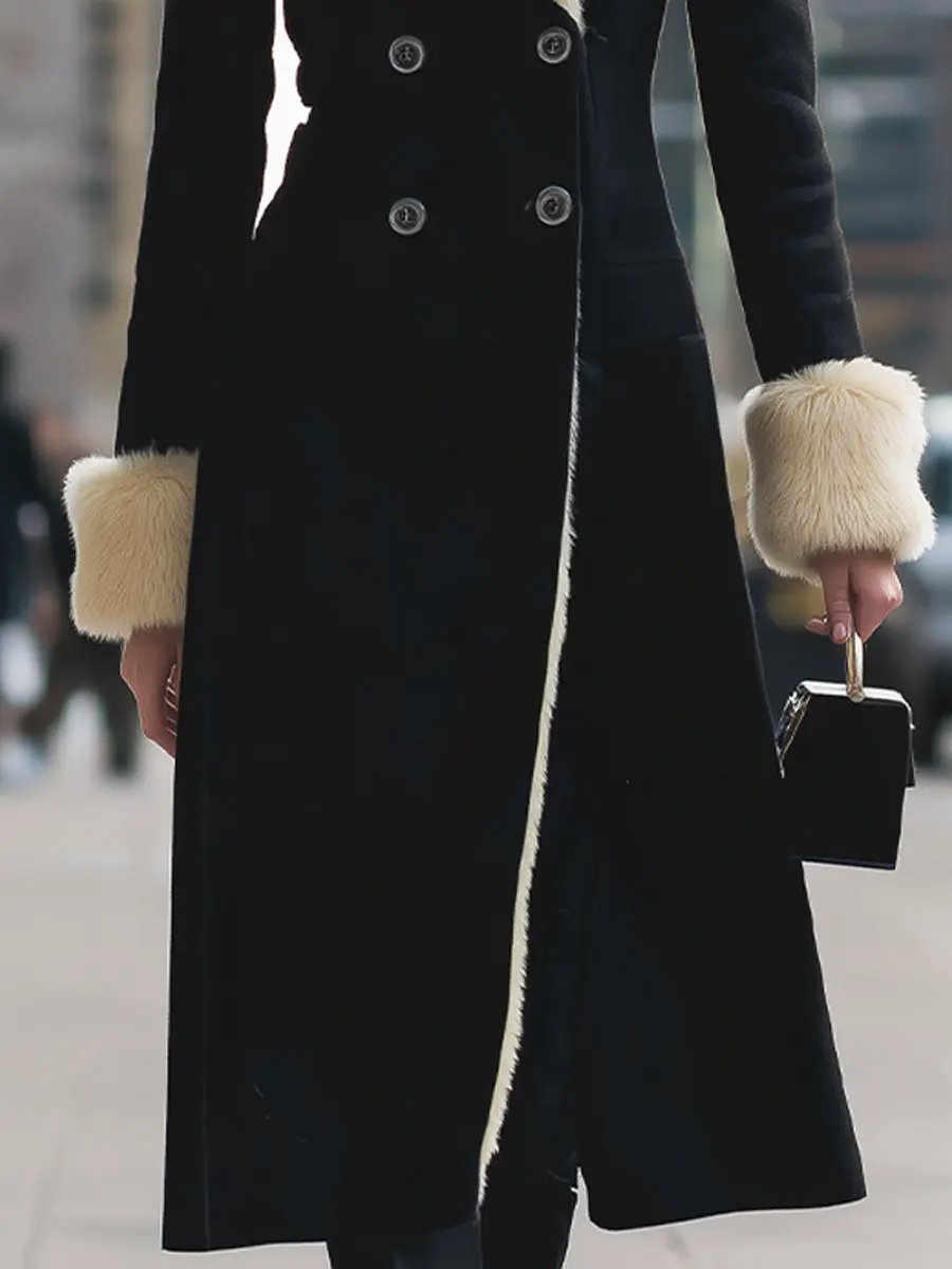 Luxurious Black Coat With Cream Faux Fur Trim - Winter Coat CAAYWORLD