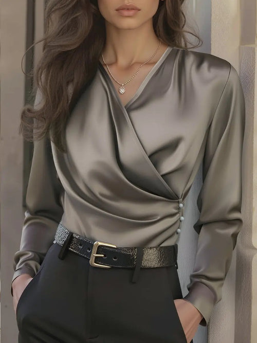 Luxurious Brown Satin Lace-Up V-Neck Tailored Fit - Satin Blouse CAAYWORLD
