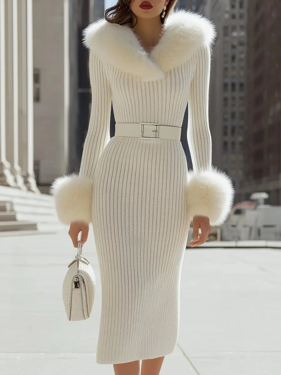 Luxurious White Faux Fur-Trim Ribbed Knit - Midi Dress CAAYWORLD