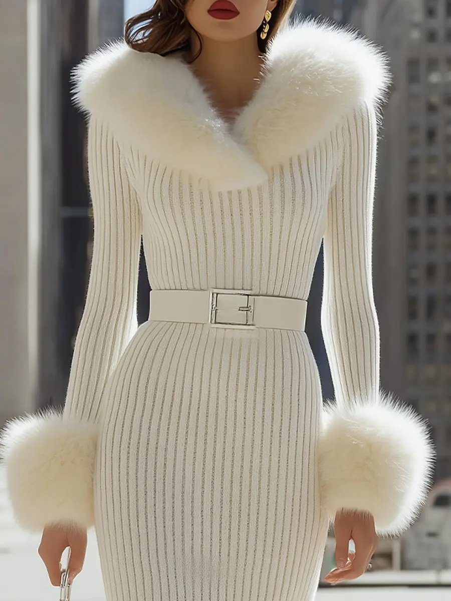 Luxurious White Faux Fur-Trim Ribbed Knit - Midi Dress CAAYWORLD