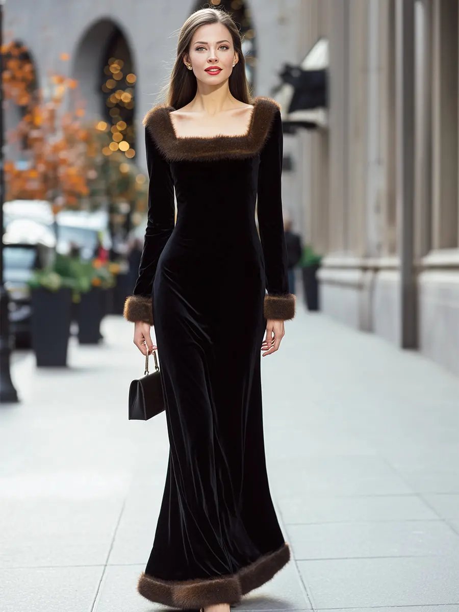 Luxury Black Velvet Evening Gown with Faux Fur Trim - Maxi Dress CAAYWORLD