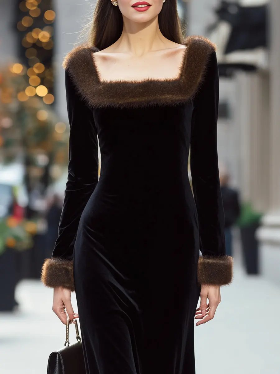 Luxury Black Velvet Evening Gown with Faux Fur Trim - Maxi Dress CAAYWORLD