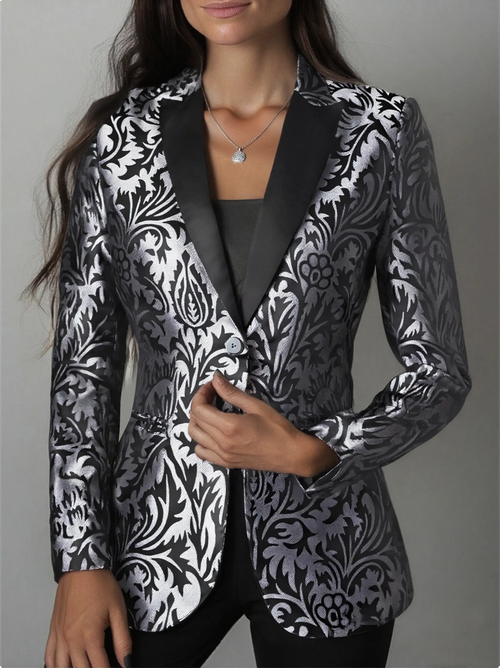 Luxury Black & Silver Floral Jacquard Tailored Blazer - Blazer CAAYWORLD