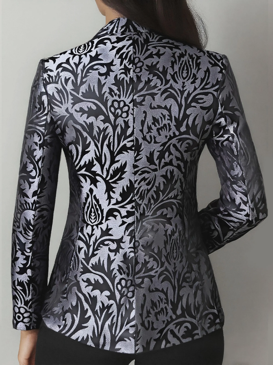 Luxury Black & Silver Floral Jacquard Tailored Blazer - Blazer CAAYWORLD