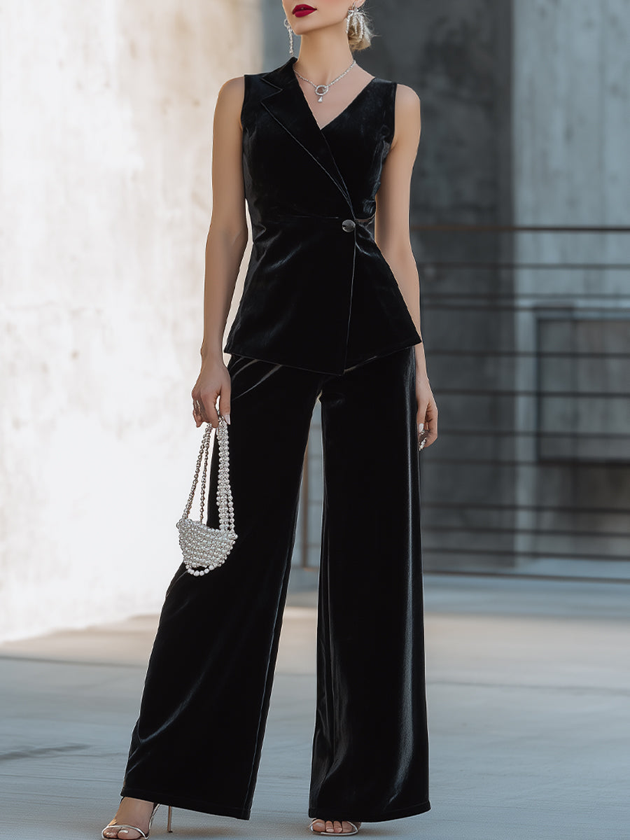 Velvet Sleeveless Tux-Inspired Blazer & Wide-Leg Pants Set ZJ