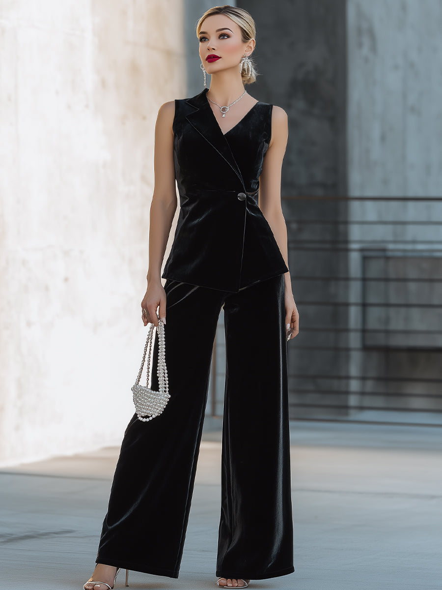 Velvet Sleeveless Tux-Inspired Blazer & Wide-Leg Pants Set ZJ