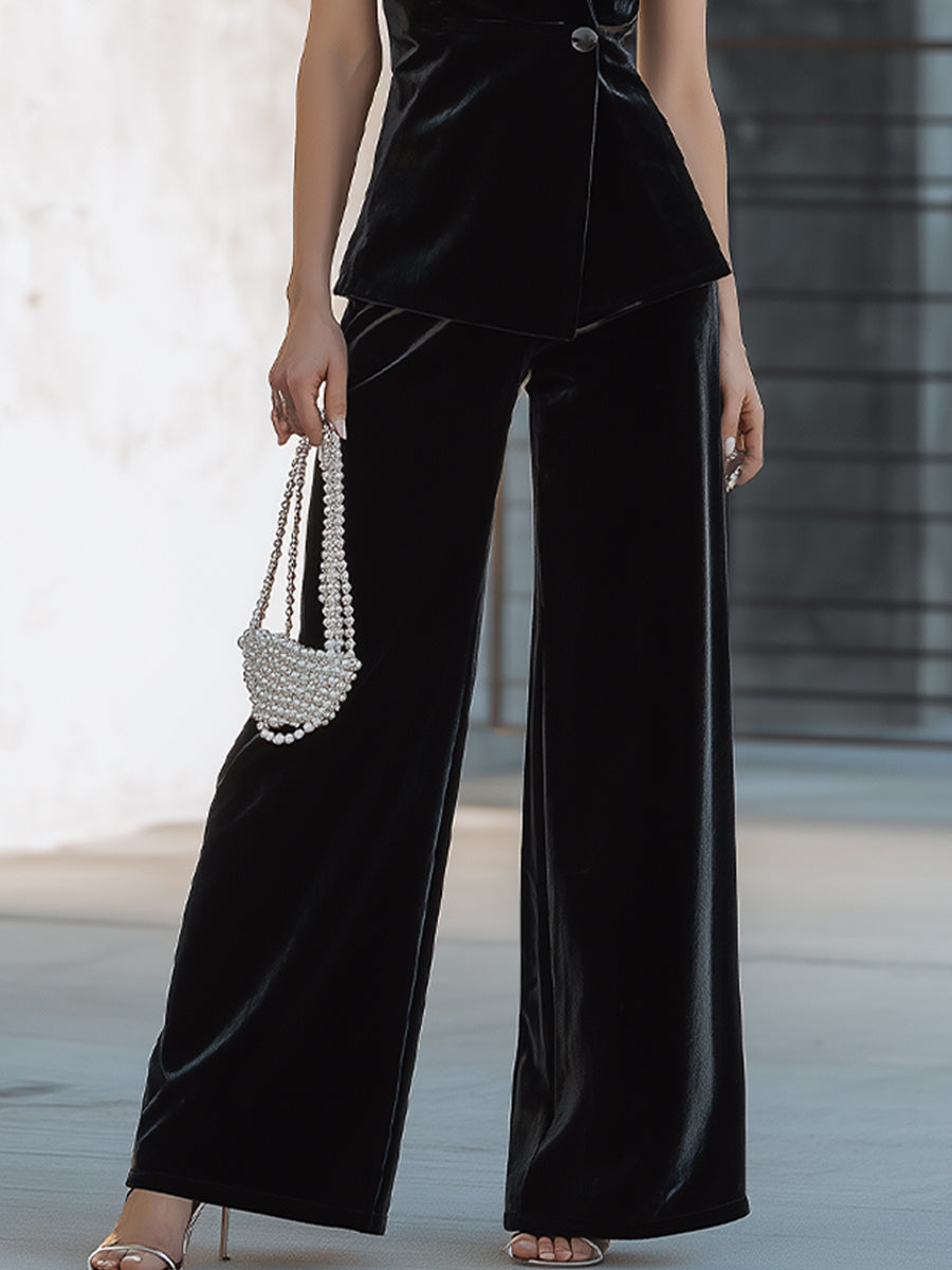 Velvet Sleeveless Tux-Inspired Blazer & Wide-Leg Pants Set ZJ