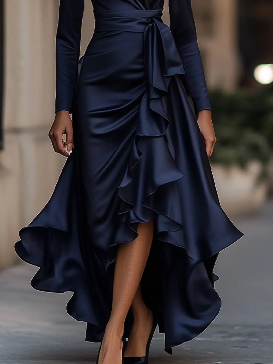 Midnight Blue Draped Satin Ruffle Trim - Maxi Dress CAAYWORLD