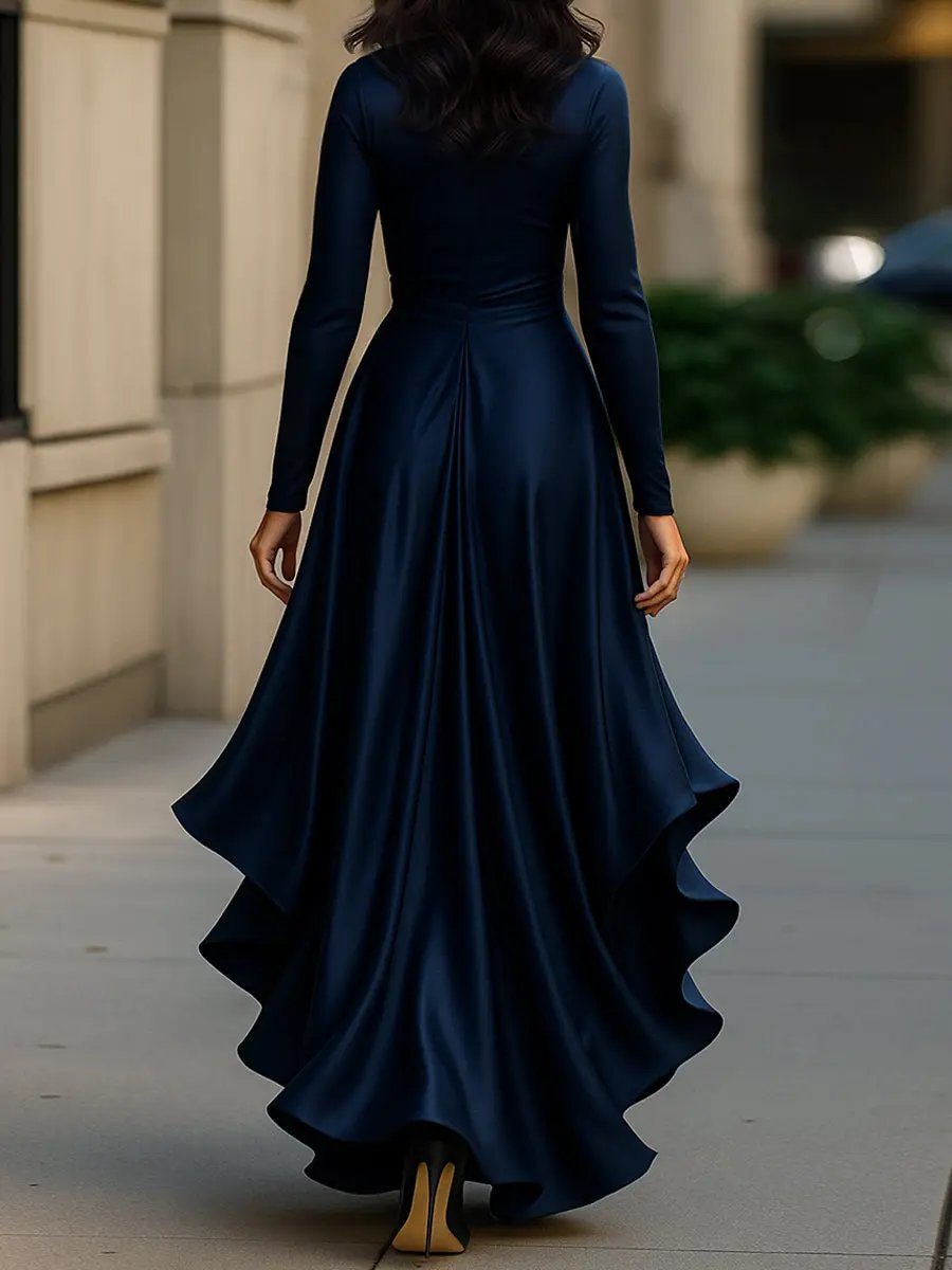 Midnight Blue Draped Satin Ruffle Trim - Maxi Dress CAAYWORLD