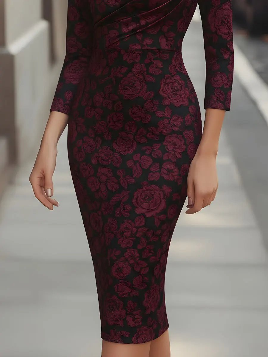 Midnight Rose Jacquard Floral Evening - Midi Dress CAAYWORLD