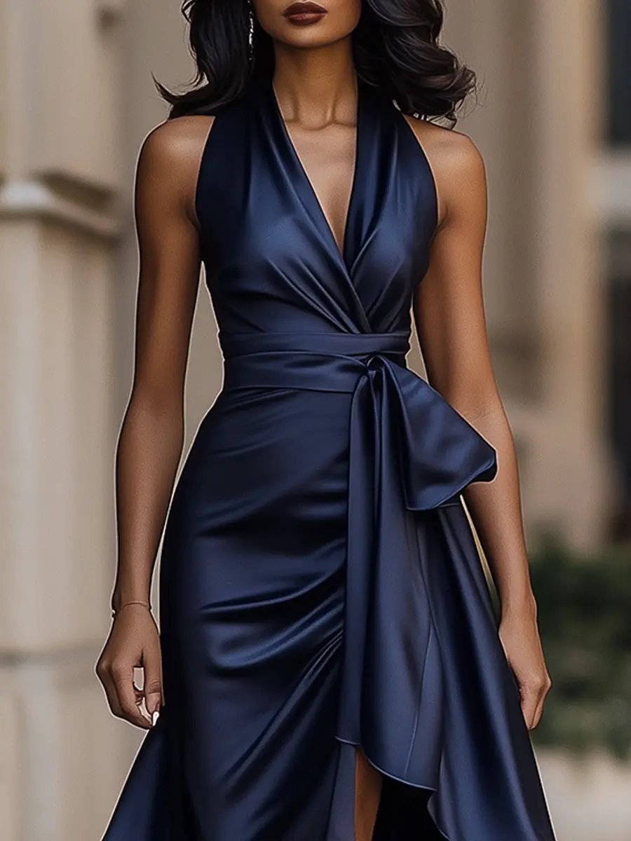Midnight Satin Halter with Ruffle Detail - Maxi Dress CAAYWORLD