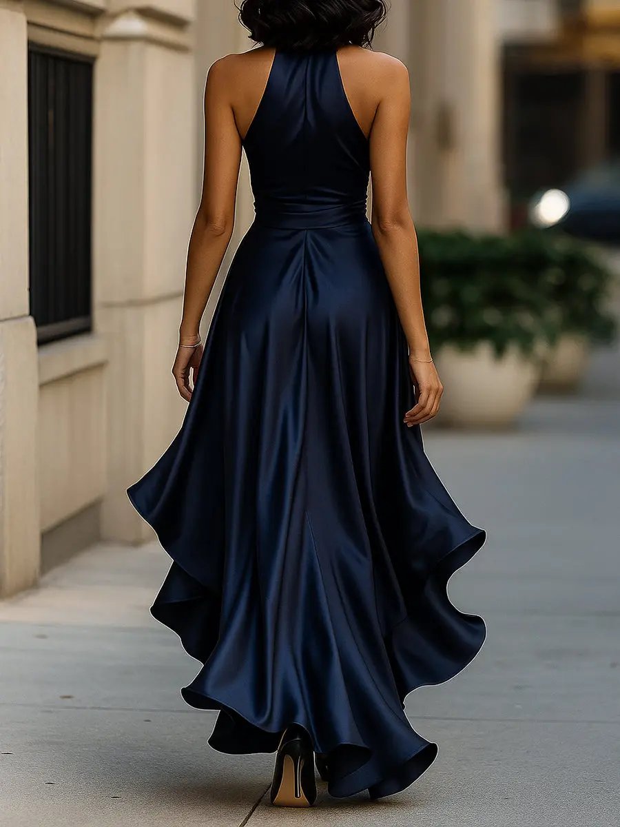 Midnight Satin Halter with Ruffle Detail - Maxi Dress CAAYWORLD