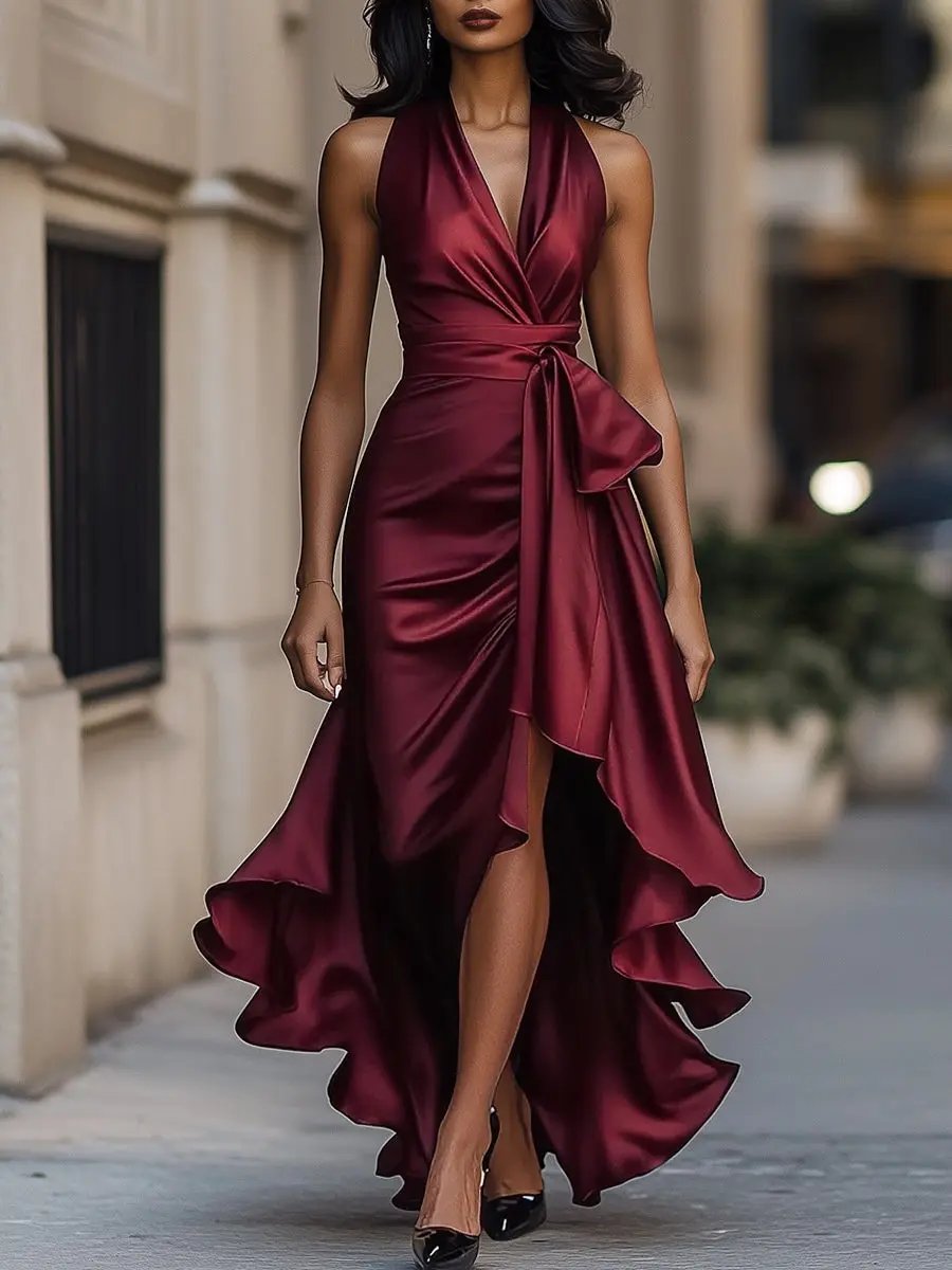 Midnight Satin Halter with Ruffle Detail - Maxi Dress CAAYWORLD