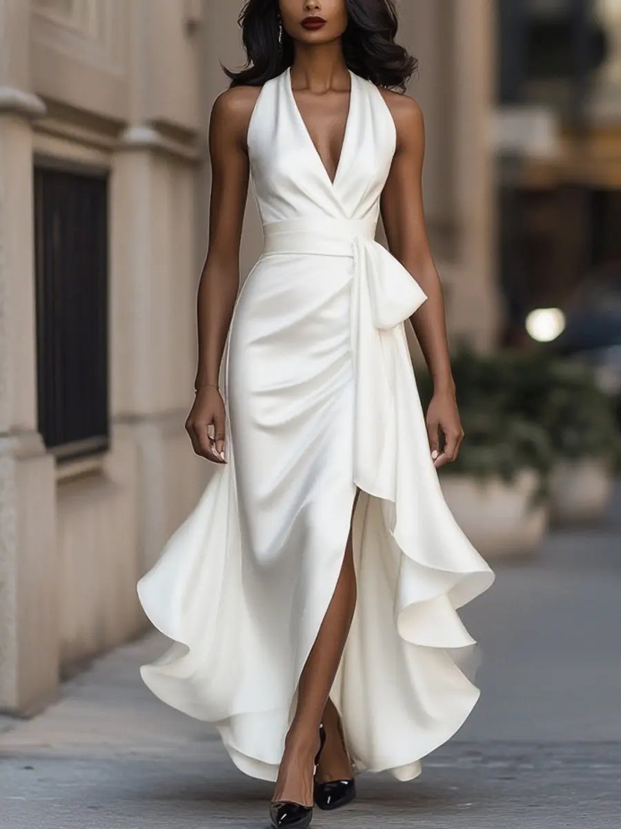 Midnight Satin Halter with Ruffle Detail - Maxi Dress CAAYWORLD