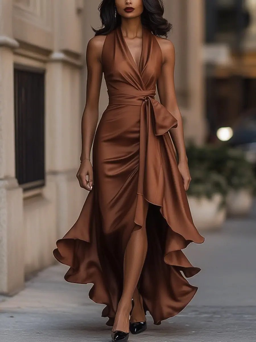 Midnight Satin Halter with Ruffle Detail - Maxi Dress CAAYWORLD