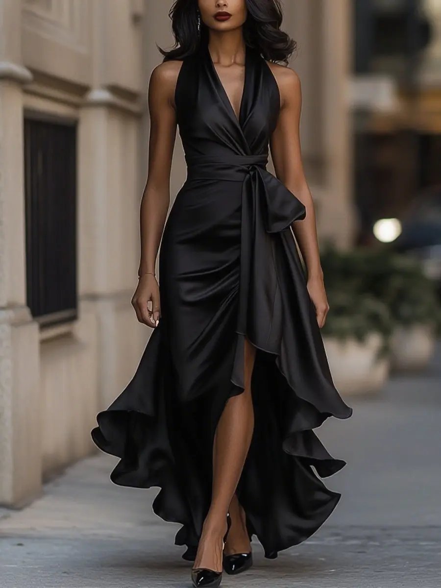 Midnight Satin Halter with Ruffle Detail - Maxi Dress CAAYWORLD