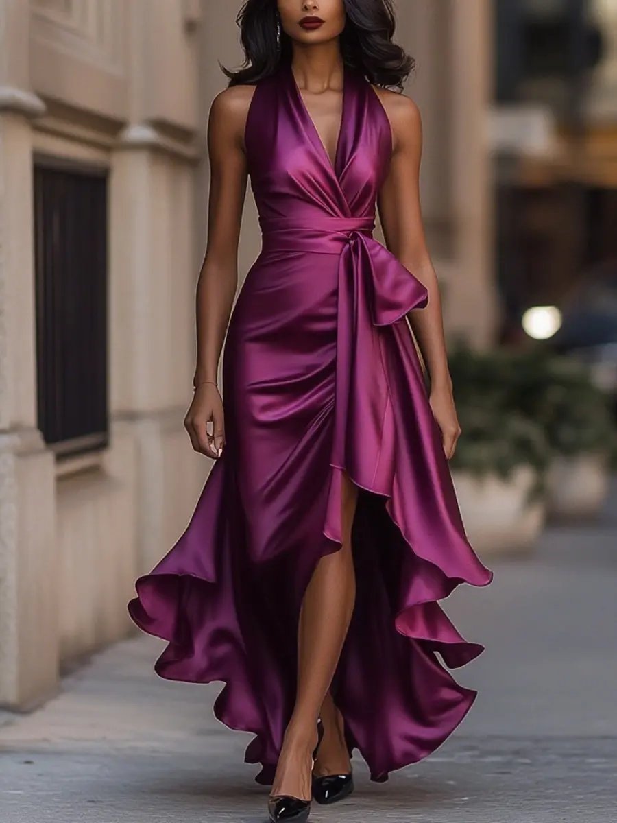 Midnight Satin Halter with Ruffle Detail - Maxi Dress CAAYWORLD