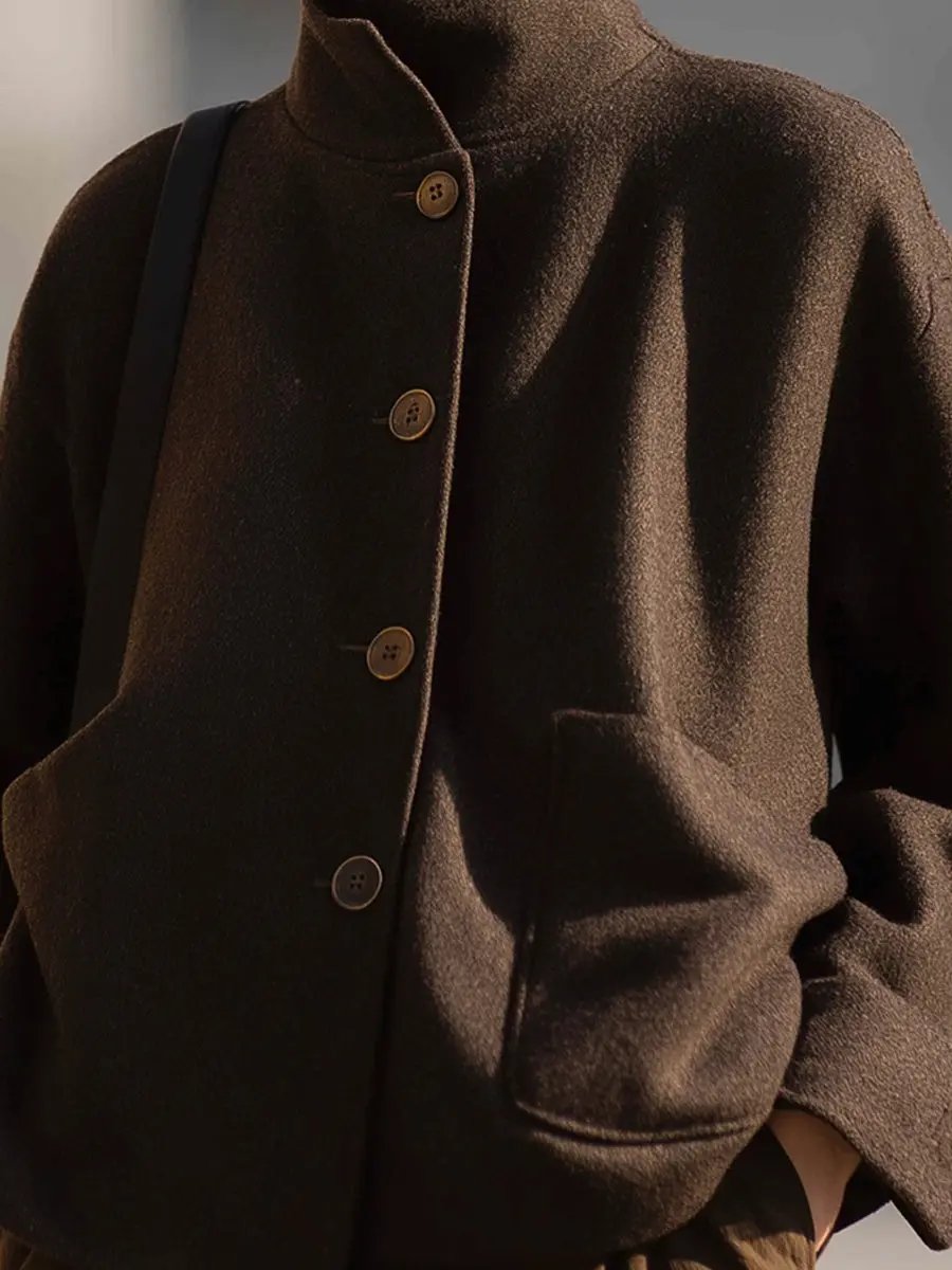 Minimalist Brown Wool Stand-Collar - Women's Jacket CAAYWORLD